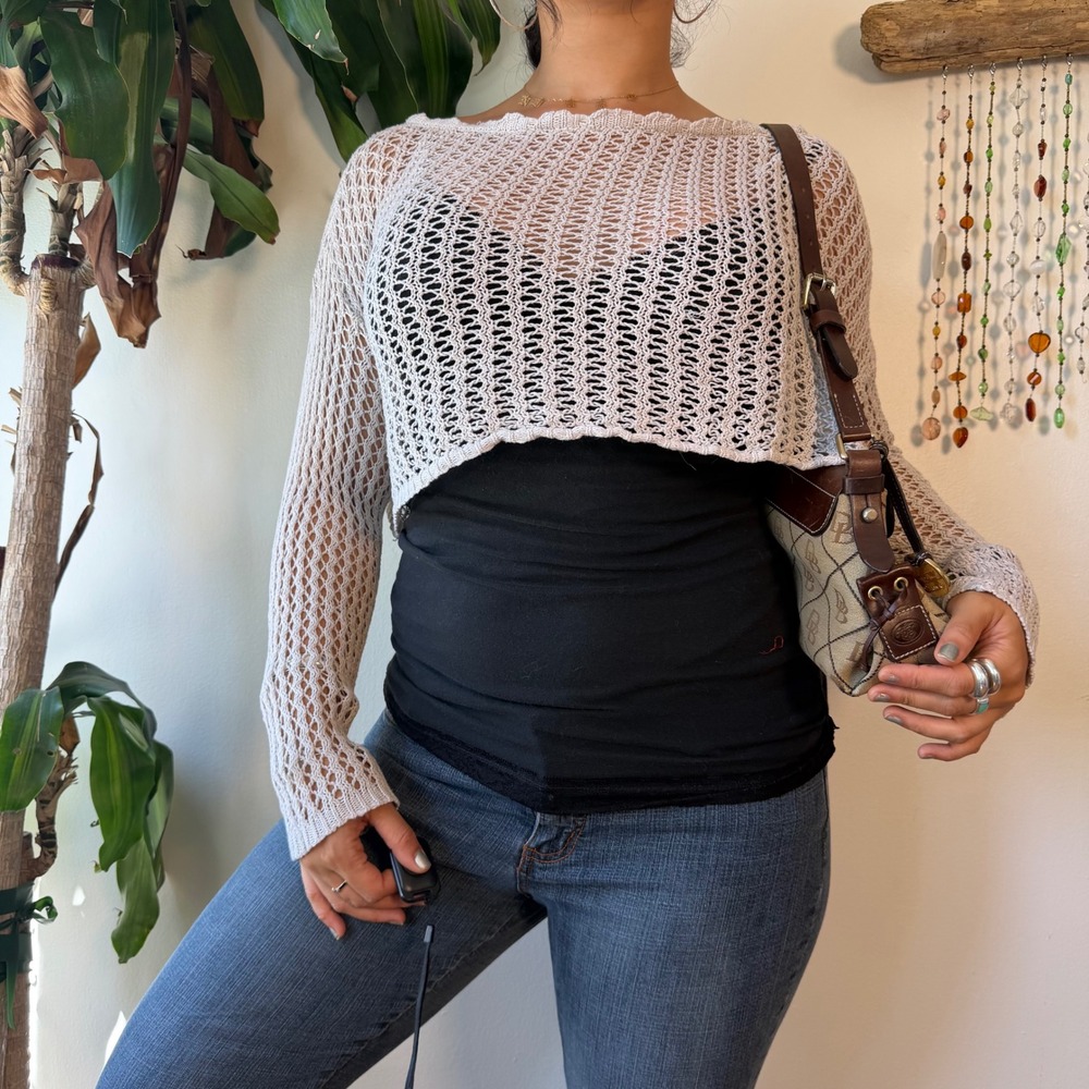 Cropped Open Knit Crochet Sweater Beige Indie Sleaze Boho Fall Layering Large